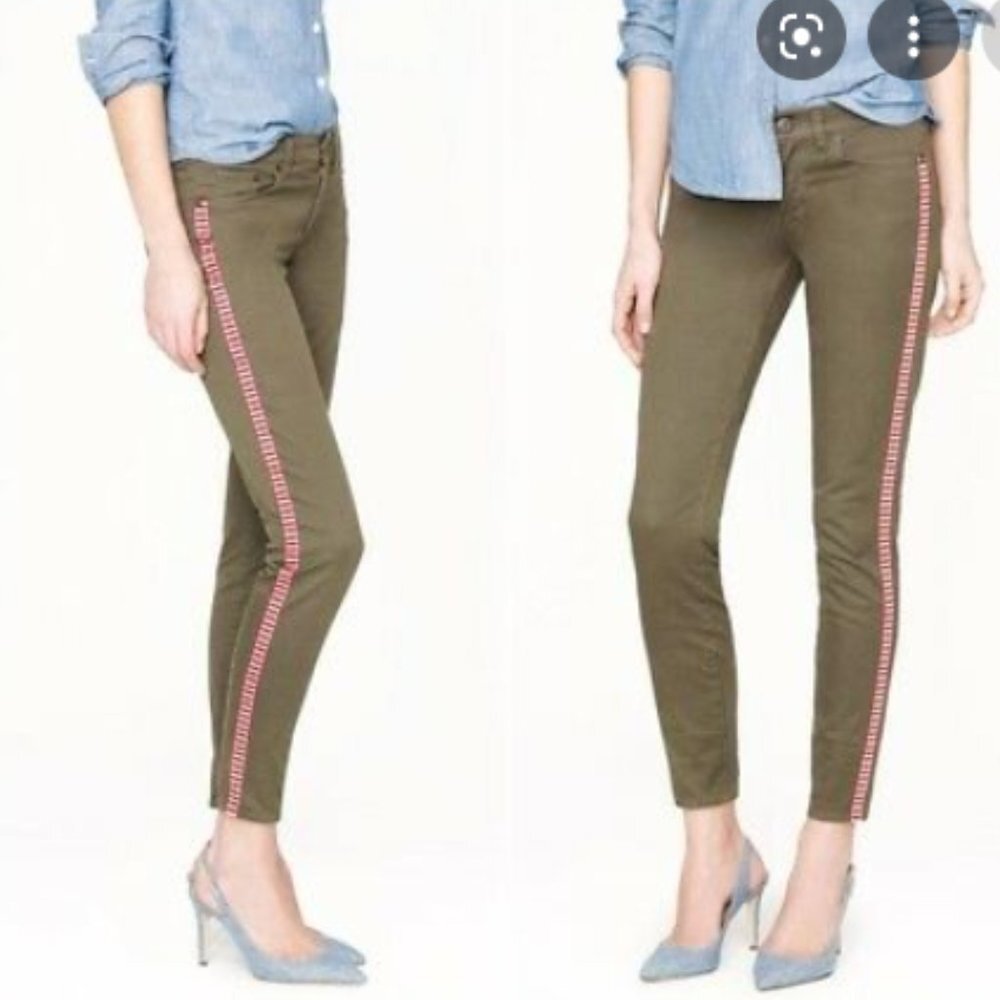 J CREW NWT Toothpick Olive Army Green Neutral Jean Tux Stripe Ankle Pants 32